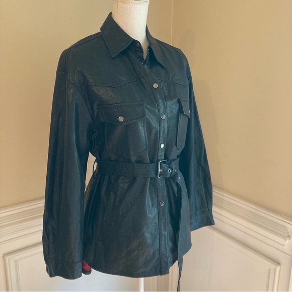 ZARA Faux Vegan Leather Button Up Shirt Belted Jacket - Picture 7 of 8